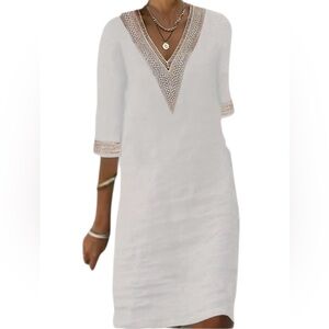 White Tunic Dress Lace V Neck Knee-Length, Pullover Comfortable Stylish